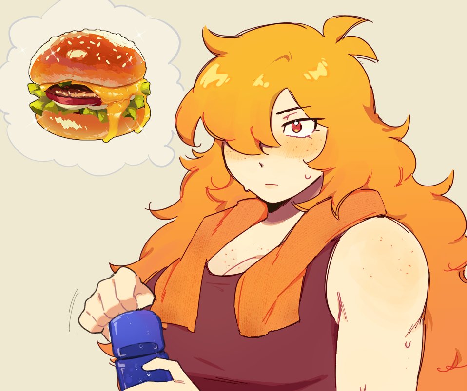 1girl blush bottle breasts brown_tank_top burger cleavage commentary english_commentary firemauer food freckles hair_over_one_eye large_breasts long_hair nerd_and_jock orange_eyes orange_hair solo speech_bubble sweat tank_top thought_bubble tiger_(nerd_and_jock) toned toned_female towel towel_around_neck water_bottle