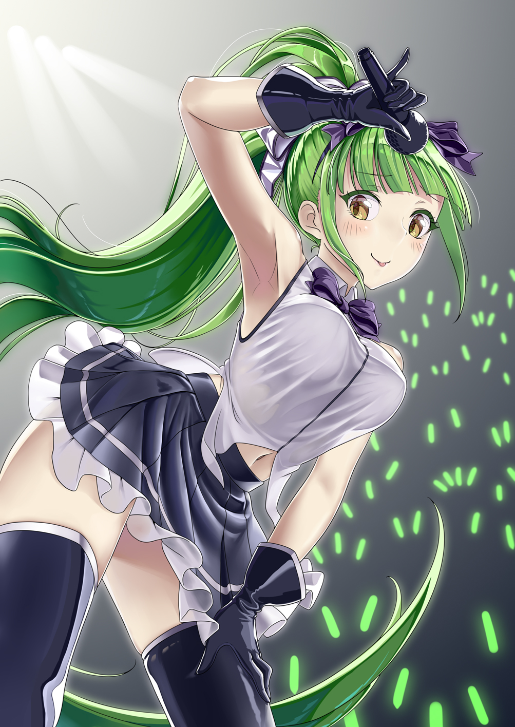 1girl :p alternate_costume arm_up armpits azur_lane black_gloves black_skirt black_thighhighs bow bowtie danbora dress frilled_skirt frills gloves glowstick green_hair hair_bow hand_on_own_thigh high_ponytail highres holding holding_microphone idol idol_clothes long_hair looking_at_viewer microphone midriff navel penlight_(glowstick) pleated_skirt ponytail purple_bow purple_bowtie shropshire_(azur_lane) skirt sleeveless sleeveless_dress solo taut_clothes tented_shirt thighhighs tongue tongue_out very_long_hair yellow_eyes
