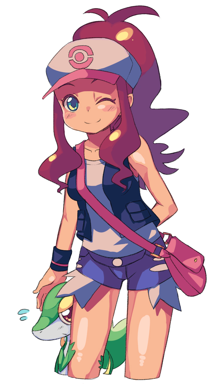 10s 1girl aqua_eyes arm_behind_back bag baseball_cap blush_stickers brown_hair chacha_(artist) chacha_(tyatya) cling cowboy_shot cropped_legs denim denim_shorts gen_5_pokemon handbag hat headpat highres hilda_(pokemon) nintendo one_eye_closed pokemon pokemon_(creature) pokemon_bw ponytail shorts shy smile snivy tank_top vest wink wristband