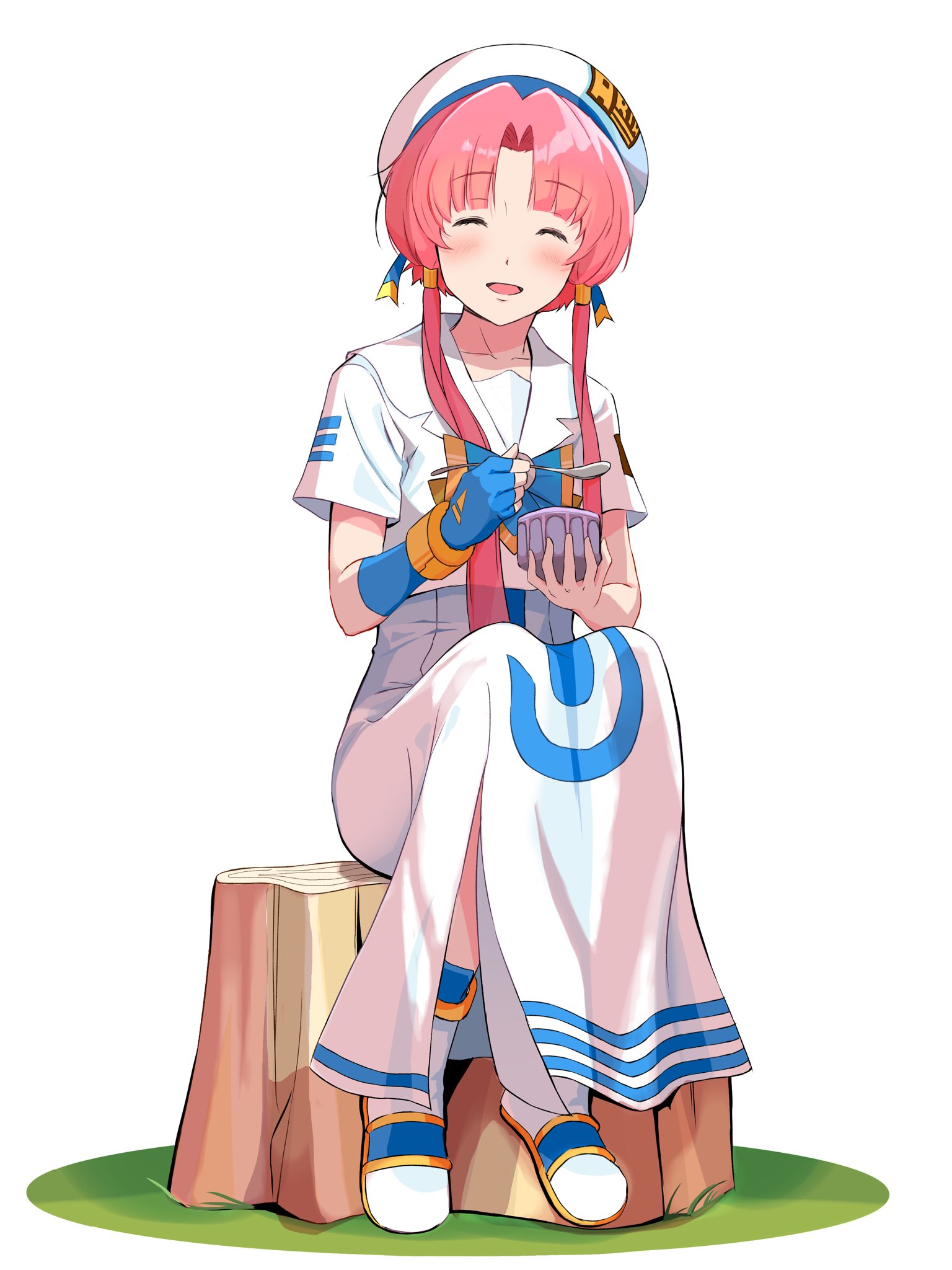 1girl ^_^ andanden aria_(manga) aria_company_uniform beret blue_gloves blush bracelet closed_eyes collarbone dress eyelashes fingerless_gloves full_body gloves gold_trim hat hat_ribbon highres holding holding_spoon jewelry long_dress looking_at_viewer mizunashi_akari parted_bangs pink_hair ribbon sailor_collar short_hair_with_long_locks short_sleeves side_slit simple_background single_glove sitting sitting_on_tree_stump smile solo spoon white_background white_dress white_footwear