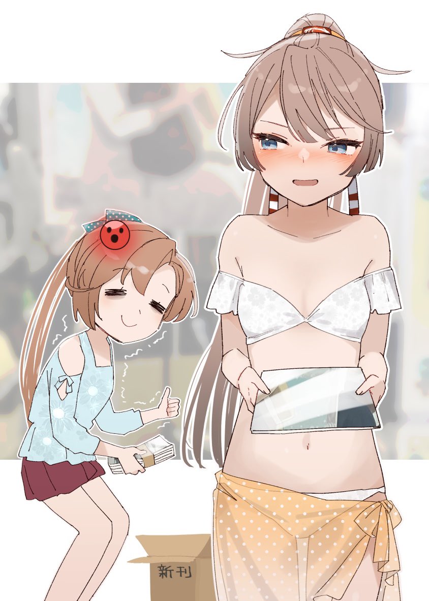 2girls akigumo_(kancolle) akigumo_(new_year)_(kancolle) bikini blush book box breasts brown_hair cardboard_box commentary_request drawing_tablet emoji feet_out_of_frame grey_eyes kantai_collection kazagumo_(kancolle) kazagumo_kai_ni_(kancolle) kazagumo_kai_ni_(swimsuit)_(kancolle) long_hair money multiple_girls navel nose_blush one-hour_drawing_challenge orange_sarong polka_dot polka_dot_ribbon polka_dot_sarong ponytail purple_skirt ribbon sarong see-through_clothes see-through_sarong skirt small_breasts swimsuit thumbs_up trembling white_bikini yamashichi_(mtseven)