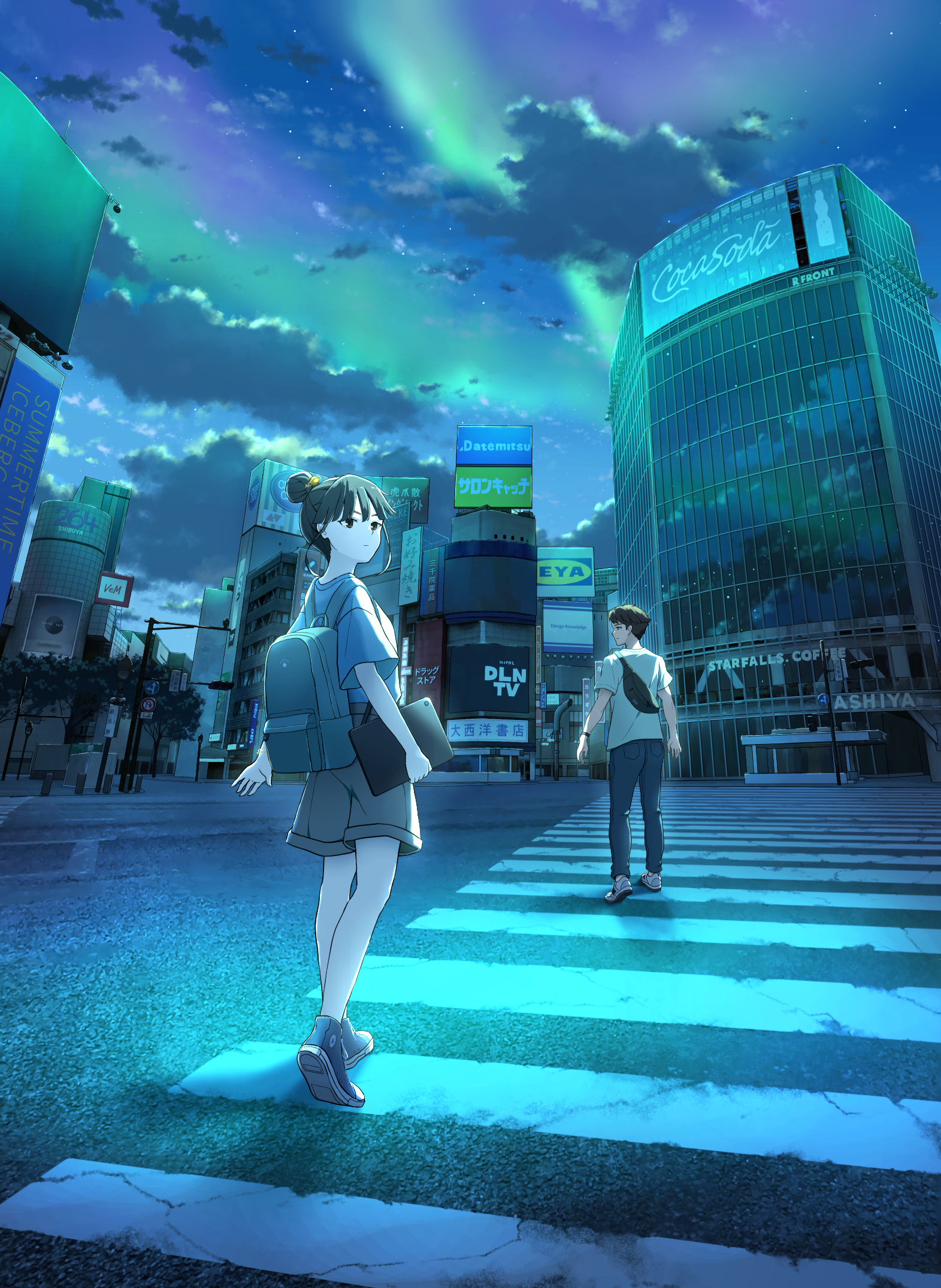 1boy 1girl anyotete aurora backpack bag black_hair brown_hair city cloud cloudy_sky converse crosswalk dark denim from_behind hair_bun hair_ornament highres jeans looking_back looking_to_the_side night night_sky original outdoors pants road road_sign scenery shibuya_(tokyo) shibuya_109 shirt shoes short_hair shorts sign single_hair_bun sky sneakers star_(sky) street t-shirt tablet_pc tokyo_(city) traffic_light walking