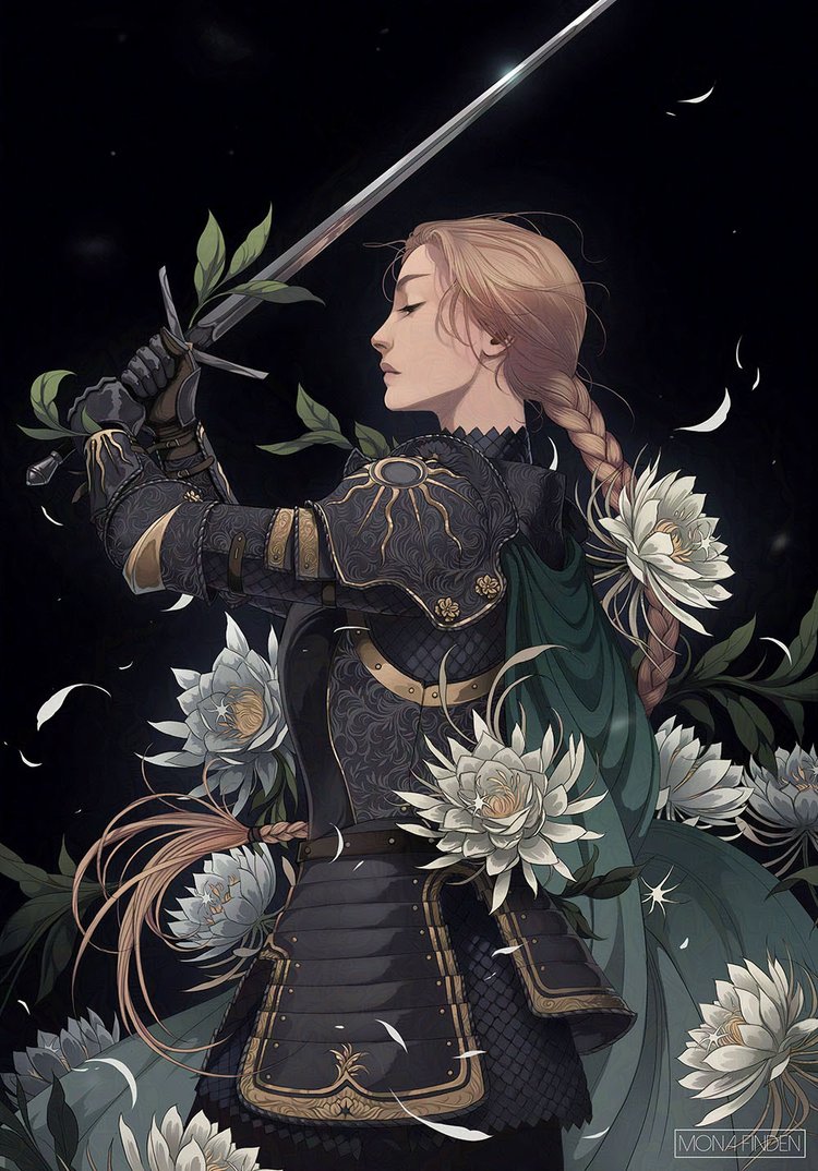 1girl armor arms_up artist_request black_armor black_background braid braided_ponytail brown_hair cape closed_mouth couter cowboy_shot crescent cuirass epiphyllum falling_petals faulds floating_hair flower from_side gauntlets gold_trim green_cape half-closed_eyes holding holding_sword holding_weapon leaf lips long_hair low-braided_long_hair low-tied_long_hair nose nostrils original pauldrons petals plate_armor profile realistic shoulder_armor simple_background solo sun_print sun_symbol sword two-handed vambraces very_long_hair weapon white_flower white_petals