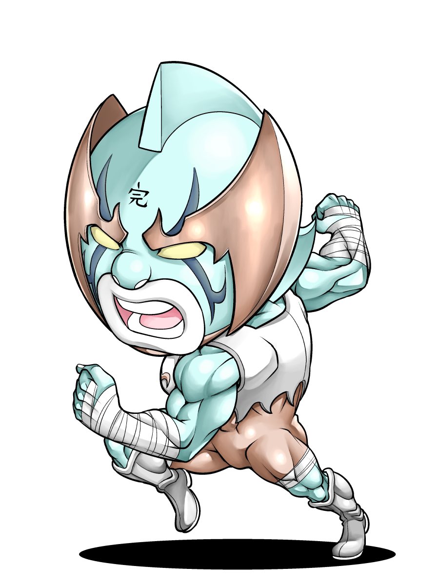 1boy abs armor biceps chibi clenched_hands full_body helmet highres jumping kazeya_kazuya kinnikuman large_pectorals looking_to_the_side mask muscular nemesis_(kinnikuman) pectorals serious simple_background wrestling wrestling_outfit