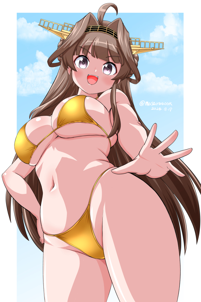 1girl :d ahoge bikini breasts brown_hair dated double_bun gold_bikini hair_bun hair_intakes headgear kantai_collection kongou_(kancolle) kongou_pose large_breasts long_hair looking_back masara_(chuujou) navel one-hour_drawing_challenge open_mouth purple_eyes sky smile swimsuit very_long_hair