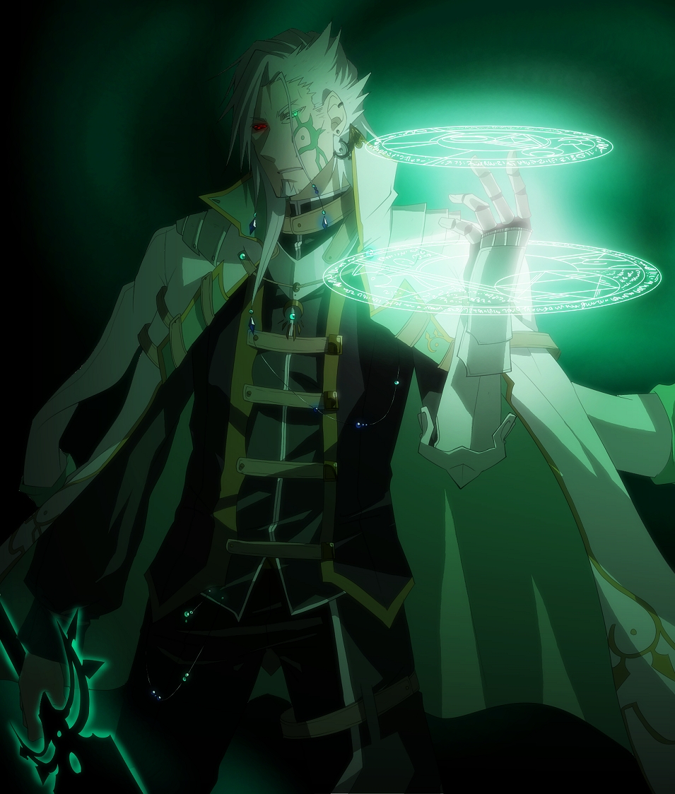 1boy arm_at_side arm_up armor black_background black_jacket black_pants black_shirt black_tunic blue_gemstone corruption energy_sword facial_mark facing_to_the_side gauntlets gem glowing glowing_eyes glowing_sword glowing_weapon gold_trim gradient_background green_background green_eyes grey_hair gurast hand_up heterochromia holding holding_sword holding_weapon jacket jacket_on_shoulders looking_at_viewer looking_to_the_side magic magic_circle male_focus mature_male open_clothes open_hand open_jacket original outdoors pants parted_hair popped_collar red_eyes shadow shirt sword tunic untucked_shirt unworn_jacket weapon white_armor white_jacket