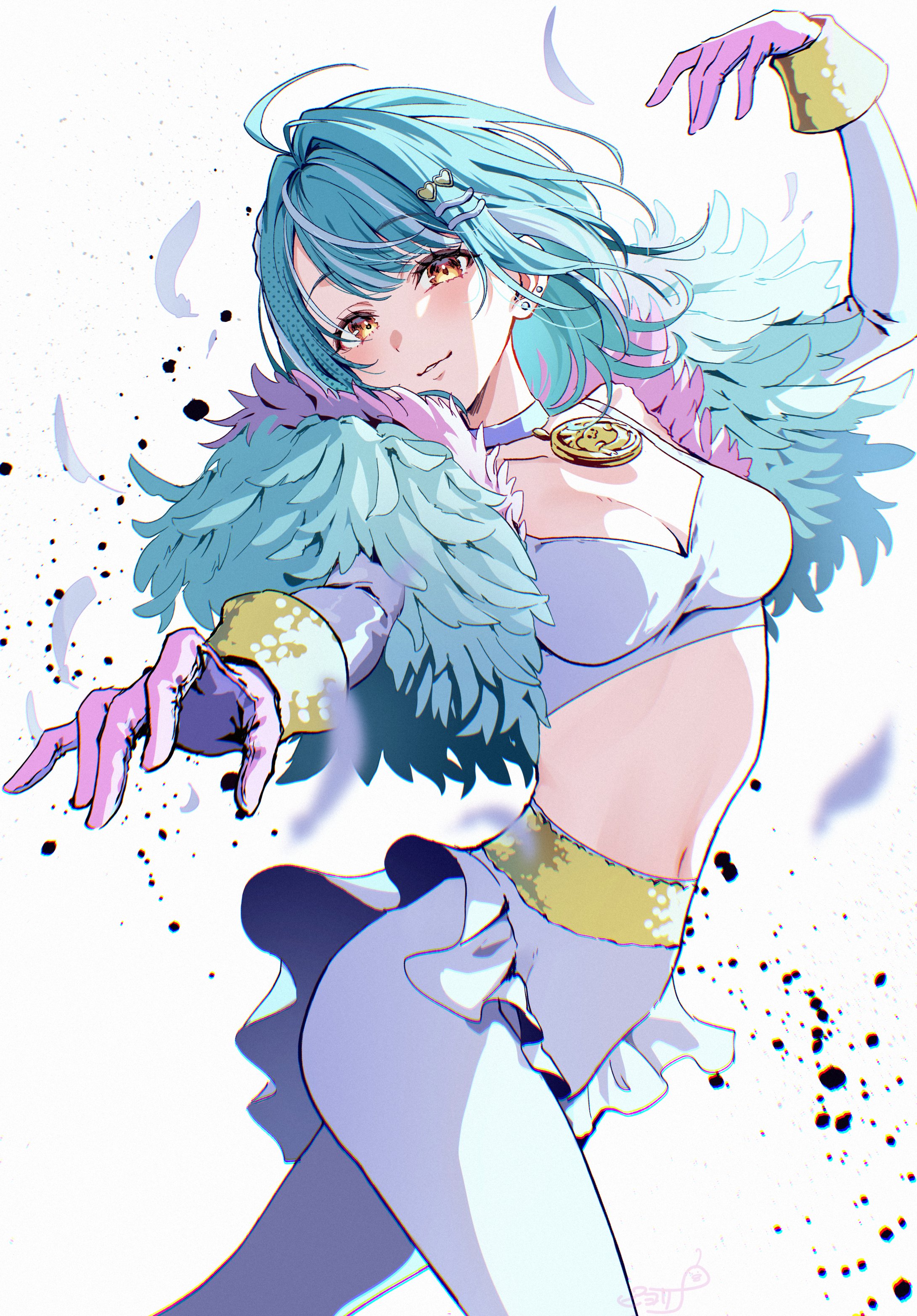 1girl absurdres ahoge blue_hair breasts choker cosplay crop_top earrings feather_boa gloves highres jewelry manon_legrand manon_legrand_(cosplay) medallion medium_breasts midriff navel official_alternate_costume orange_eyes pants piyoyanagi shiranami_ramune short_hair solo street_fighter street_fighter_6 virtual_youtuber vspo!