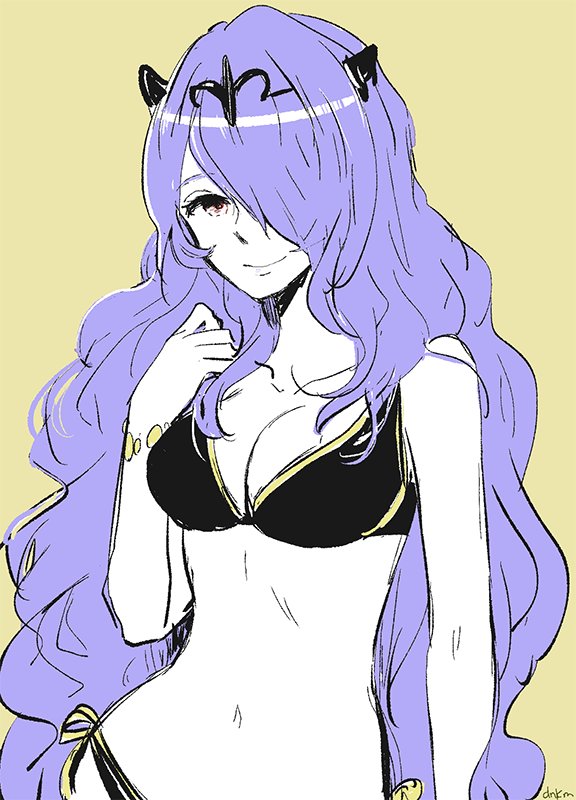 1girl alternate_costume bare_shoulders bikini black_bikini breasts camilla_(fire_emblem) cleavage donkuma_kakusei facing_viewer fire_emblem fire_emblem_fates hair_over_one_eye long_hair looking_at_viewer medium_breasts navel nintendo purple_eyes swimsuit upper_body very_long_hair