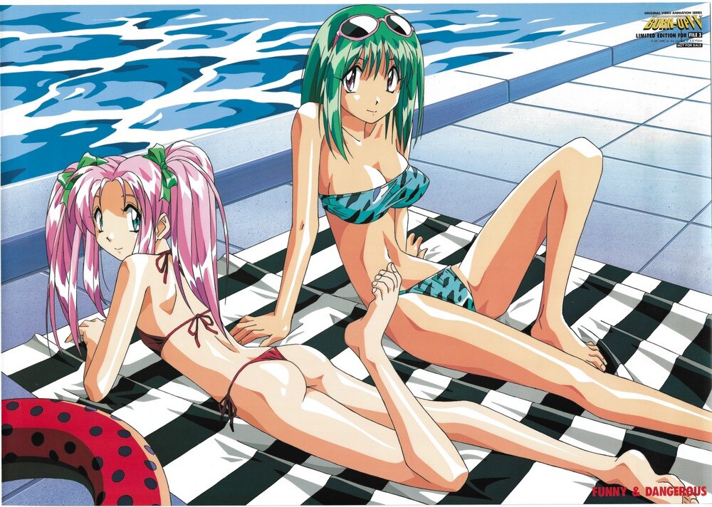 1990s_(style) 2girls aqua_hair ass barefoot bikini burn-up burn-up_w innertube jinguu_maya lilica_evett multiple_girls navel pink_hair retro_artstyle swim_ring swimsuit yamashita_toshinari