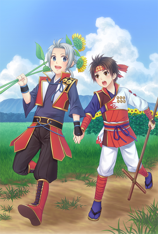 brothers brown_eyes brown_hair flower grass grey_eyes headband holding_hands japanese_clothes sanada_nobuyuki sanada_yukimura_(sengoku_musou) sandals sengoku_musou siblings smile sunflower white_hair