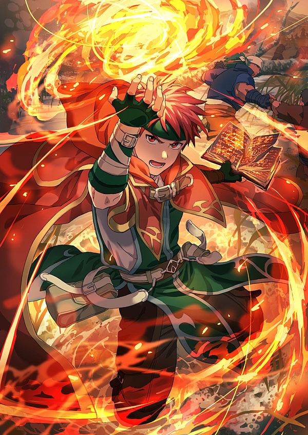 1boy book cape casting_spell donta30303 fingerless_gloves fire fire_emblem fire_emblem:_radiant_dawn fireball gloves holding holding_book hood hooded_cape magic male_focus muarim_(fire_emblem) nintendo open_mouth outdoors red_eyes red_hair short_hair solo_focus tormod_(fire_emblem) wetland