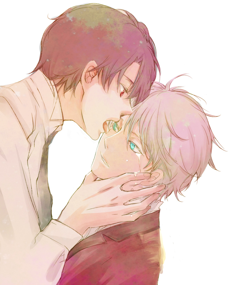 10s 2boys aldnoah.zero bad_id bad_pixiv_id brown_hair green_eyes kaizuka_inaho kana_(bengalesefinch) licking licking_eye licking_tears male_focus multiple_boys red_eyes silver_hair slaine_troyard tears yaoi