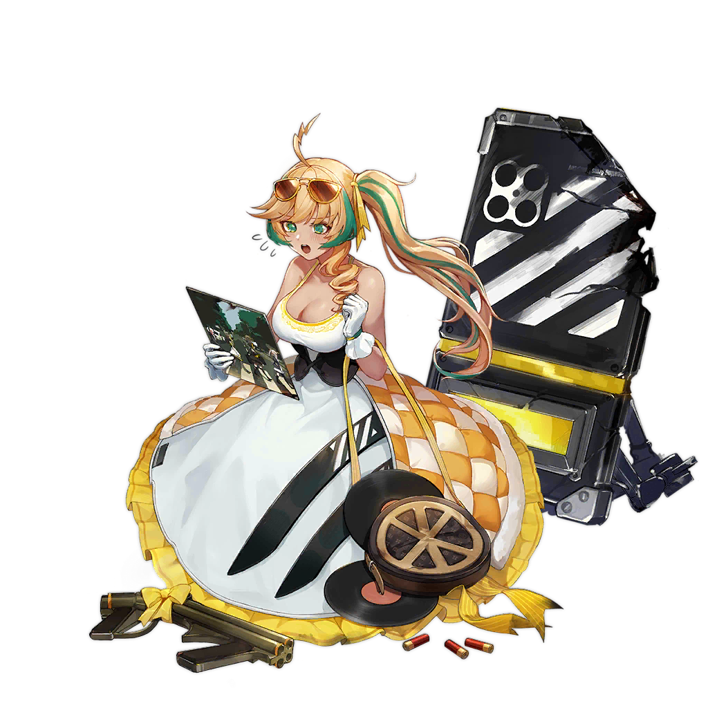 12-gauge 1girl :o abbey_road ahoge amber_(5_22_lili) ammunition bag ballistic_shield blonde_hair break-action_shotgun breasts broken_shield brown_bag checkered_clothes checkered_skirt cleavage clenched_hand dress eyewear_on_head flying_sweatdrops full_body girls&#039;_frontline gloves green_eyes green_hair gun hair_ribbon holding_record kneeling large_breasts liberator_(gilded_collector)_(girls&#039;_frontline) liberator_(girls&#039;_frontline) lightning_ahoge long_hair low_drills multicolored_dress multicolored_hair multiple-barrel_gun official_alternate_costume official_art open_mouth peace_symbol quadruple-barreled_shotgun ribbon shield shield_module shotgun shotgun_shell shoulder_bag side_ponytail simple_background single_drill skirt solo streaked_hair sunglasses teeth the_beatles third-party_source transparent_background two-tone_hair upper_teeth_only very_long_hair vinyl_record weapon weapon_on_floor white_dress white_gloves winchester_liberator winchester_liberator_mk_2 yellow_dress yellow_ribbon