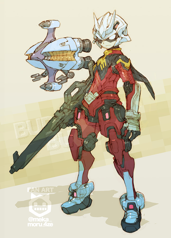 1boy armor blonde_hair cape char_aznable elmeth full_body gloves gundam gundam_gquuuuuux helmet looking_at_viewer male_focus mask mecha mecha_focus military_uniform mobile_suit_gundam nakayama_tooru robot weapon zeon