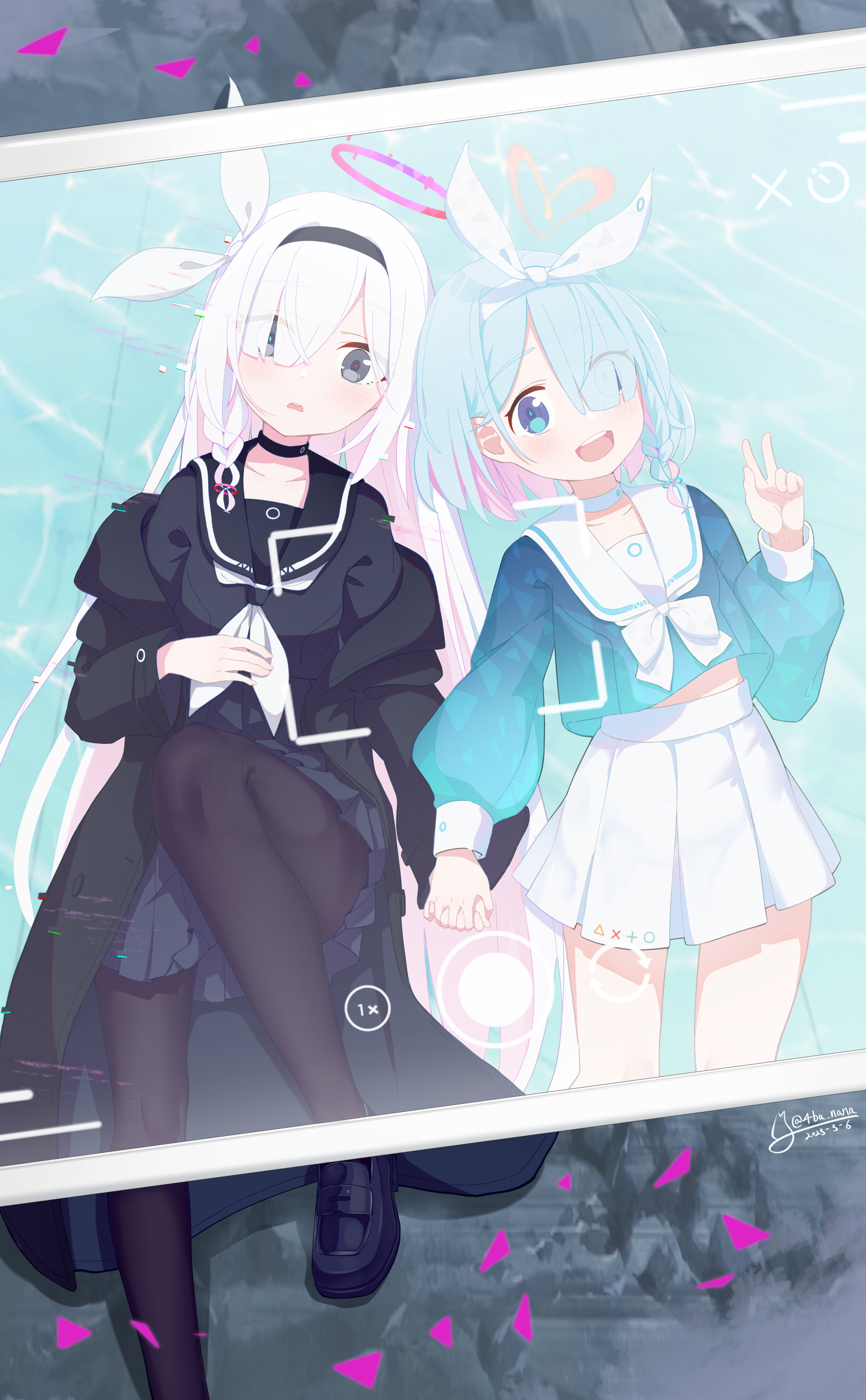 2girls 4ba_nana absurdres arona_(blue_archive) artist_name augmented_reality black_choker black_coat black_eyes black_footwear black_hairband black_pantyhose black_sailor_collar black_serafuku black_shirt black_skirt blue_archive blue_eyes blue_hair blue_pupils blue_serafuku blue_shirt blush braid buttoned_cuffs buttons cellphone_photo choker coat coat_partially_removed collarbone colored_inner_hair commentary cropped_legs dated eyes_visible_through_hair glitch hair_over_one_eye hair_ribbon hairband halo heart heart_halo highres holding_hands interlocked_fingers light_blue_hair loafers long_hair long_sleeves midriff_peek miniskirt mismatched_pupils multicolored_hair multiple_girls open_clothes open_coat open_mouth pantyhose pink_hair pink_halo pink_pupils plana_(blue_archive) pleated_skirt puffy_long_sleeves puffy_sleeves ribbon sailor_collar sailor_shirt school_uniform serafuku shirt shoes short_hair side_braid single_braid skirt taking_picture teeth twitter_username two-tone_hair upper_teeth_only v very_long_hair viewfinder white_choker white_hair white_hairband white_ribbon white_sailor_collar white_skirt