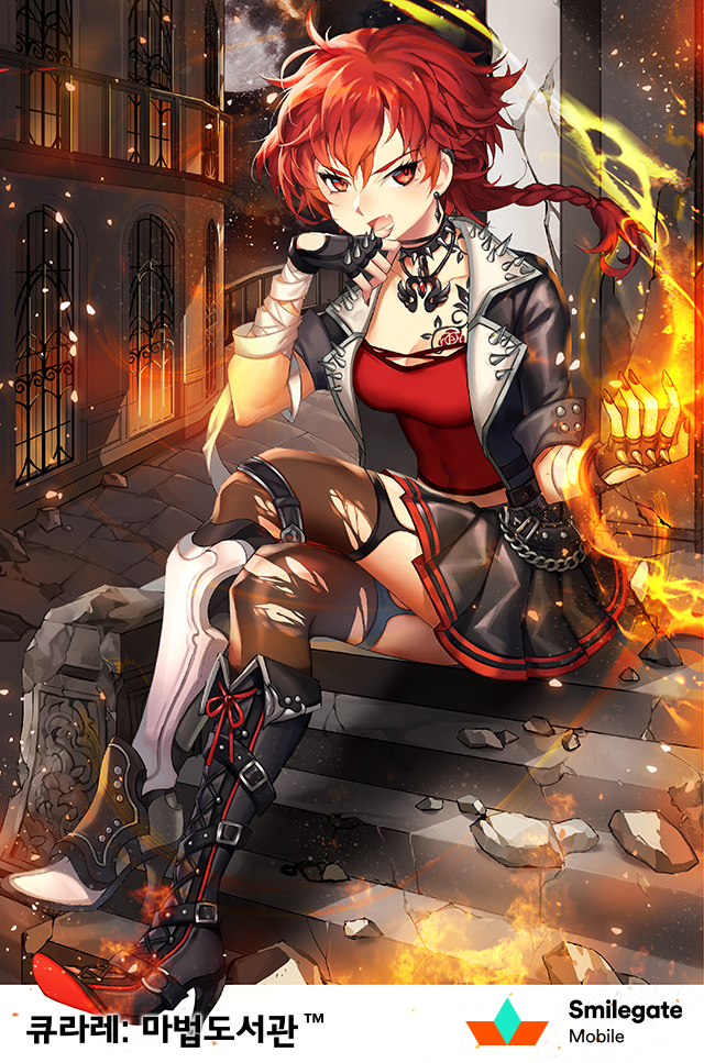 1girl :d ahoge arm_up asymmetrical_footwear bandaged_arm bandages belt_boots belt_buckle black_boots black_collar black_gloves black_jacket black_skirt black_sky black_thighhighs boots braid breast_tattoo breasts buckle building chain cloud cloudy_sky collar collarbone commentary_request company_name copyright_name covered_navel cropped_jacket cross-laced_clothes crossed_legs earrings eyelashes eyes_visible_through_hair fang female_focus fingerless_gloves fire flower_tattoo full_moon gloves hair_between_eyes hand_to_own_mouth high_heel_boots high_heels jacket jewelry knee_boots korean_text lace-up_boots large_breasts leather leather_jacket light_particles long_hair looking_at_viewer mismatched_footwear moon muse_(rainforest) nail_polish night night_sky o-ring official_art open_clothes open_jacket open_mouth original outdoors pleated_skirt pyrokinesis qurare_magic_library railing red_eyes red_hair red_shirt rubble ruins shirt short_sleeves single_braid sitting skirt sky sleeve_cuffs sleeves_rolled_up smile solo spiked_collar spiked_gloves spiked_jacket spikes string string_of_fate striped_clothes striped_skirt studded_jacket tattoo text_focus thighhighs torn_clothes torn_thighhighs translated vulcan_(qurare) white_boots