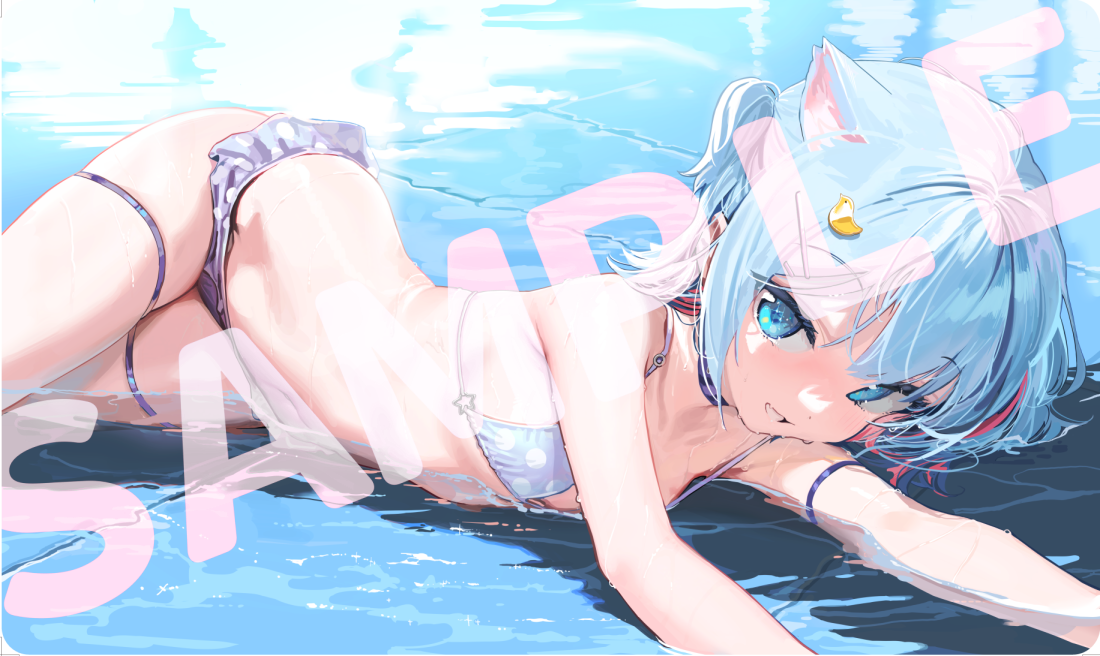 1girl animal_ear_fluff animal_ears bare_arms bare_shoulders bikini blue_eyes blue_hair breasts commentary_request duck_hair_ornament grey_bikini hair_ornament hairclip indie_virtual_youtuber kanzarin kanzarin_(vtuber) looking_at_viewer lying on_side polka_dot polka_dot_bikini sample_watermark shallow_water small_breasts smile solo swimsuit virtual_youtuber water watermark