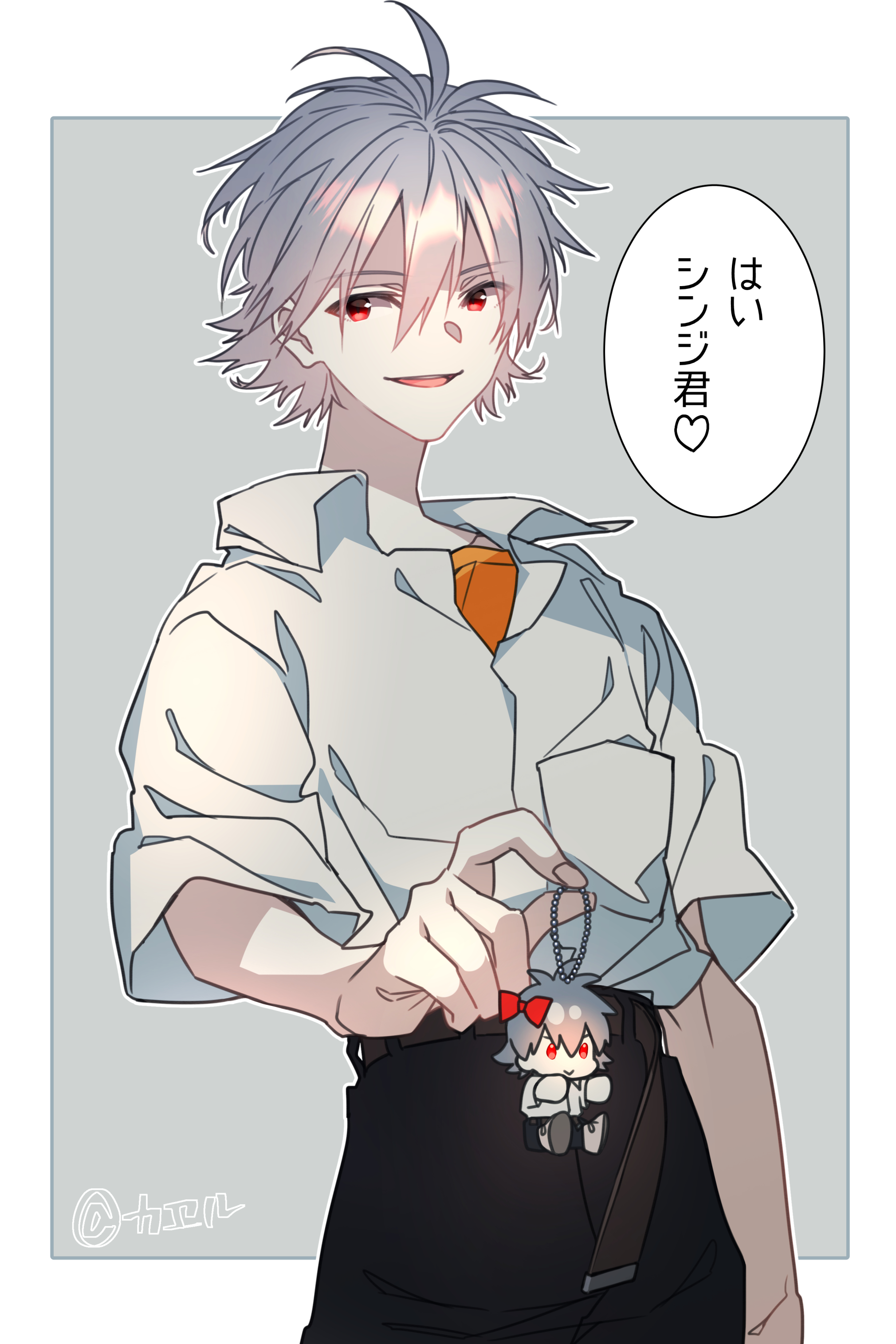 1boy absurdres arm_up belt black_pants bow breast_pocket brown_belt character_charm charm_(object) collared_shirt commentary_request grey_hair hair_between_eyes hair_bow heart highres holding holding_charm looking_to_the_side male_focus mushi_kei nagisa_kaworu neon_genesis_evangelion open_collar open_mouth orange_shirt pants pocket red_bow red_eyes shirt short_sleeves sideways_glance smile solo speech_bubble standing translation_request white_shirt wing_collar
