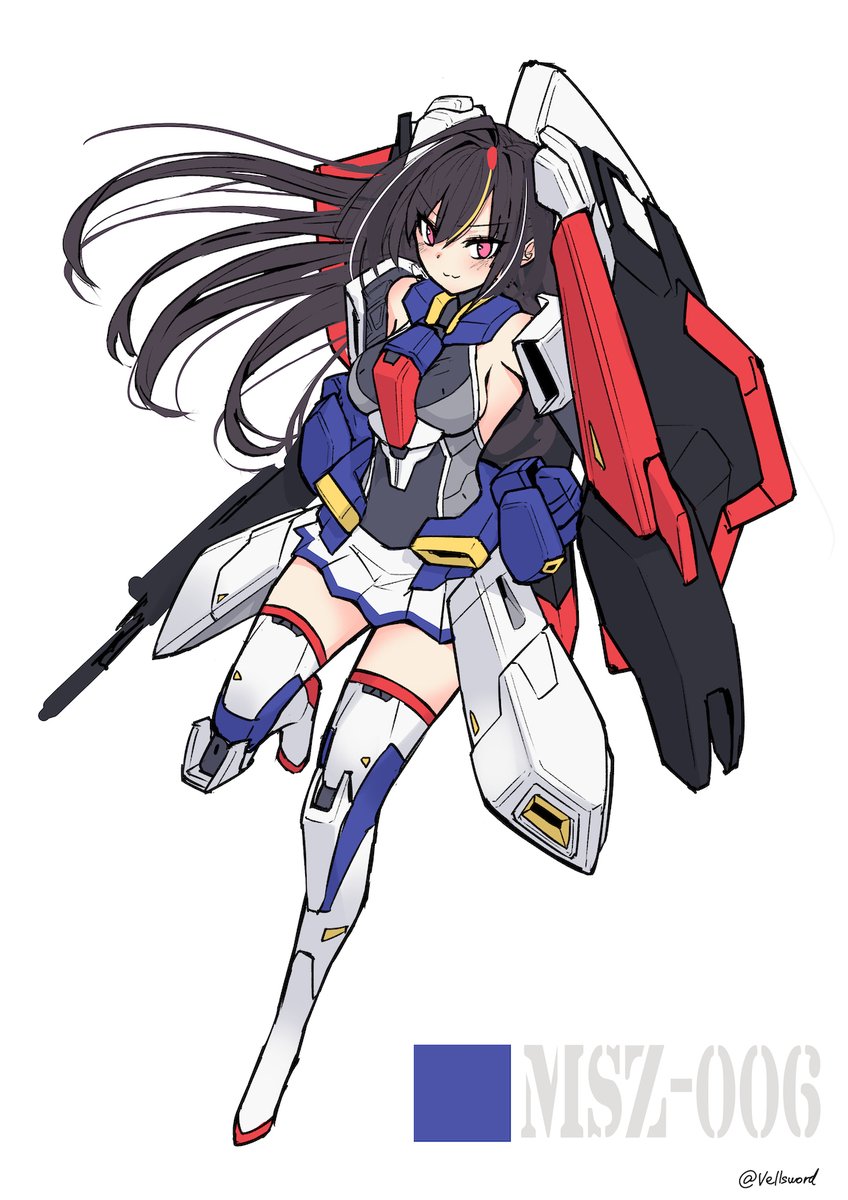 1girl black_hair blonde_hair boots breasts floating_hair gun gundam hair_between_eyes highres holding holding_gun holding_shield holding_weapon i.takashi mecha_musume medium_breasts multicolored_hair personification red_eyes shield sideboob skirt smile solo streaked_hair thigh_boots thighhighs v-shaped_eyebrows weapon white_background white_hair white_skirt zeta_gundam zeta_gundam_(mobile_suit)
