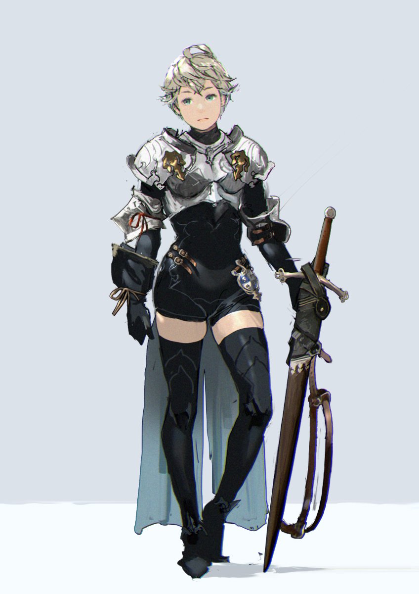 1girl ahoge anesaki_dynamic armor black_gloves black_thighhighs blonde_hair expressionless gloves grey_background highres legs looking_to_the_side original sheath sheathed solo sword thighhighs thighs waist_cape weapon