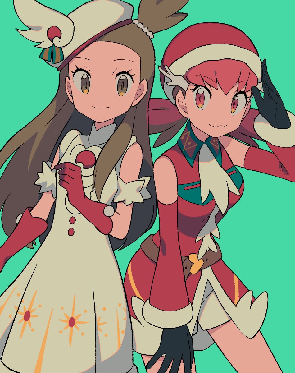 2girls :3 bare_shoulders belt beret black_gloves brown_belt brown_hair closed_mouth commentary_request detached_sleeves dress gloves green_background hand_up hat highres jasmine_(holiday_2022)_(pokemon) jasmine_(pokemon) long_hair looking_at_viewer multiple_girls nintendo official_alternate_costume one_side_up pokemon pokemon_masters_ex red_dress red_gloves red_headwear santa_hat shorts smile twintails tyako_089 white_headwear white_shorts whitney_(holiday_2022)_(pokemon) whitney_(pokemon)