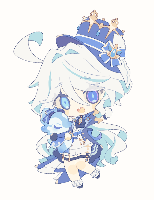 1girl ahoge ascot blue_ascot blue_eyes blue_hair blue_jacket brooch chibi drop-shaped_pupils full_body furina_(genshin_impact) genshin_impact gloves hair_between_eyes hair_intakes hat heterochromia jacket jewelry komano_shia light_blue_hair long_hair long_sleeves looking_at_viewer multicolored_hair open_mouth ouji_fashion smile solo streaked_hair surintendante_chevalmarin symbol-shaped_pupils thigh_strap top_hat white_gloves white_hair
