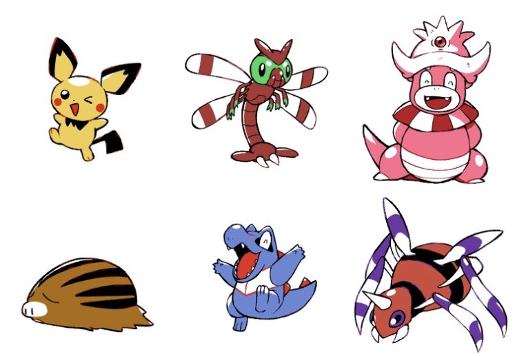 &gt;_o :d ;d ^_^ ariados arms_behind_back black_eyes closed_eyes fangs gen_2_pokemon nintendo no_humans one_eye_closed open_mouth pichu pokemon pokemon_(creature) sharp_teeth simple_background slowking smile standing swinub teeth tongue totodile tyako_089 u_u white_background yanma