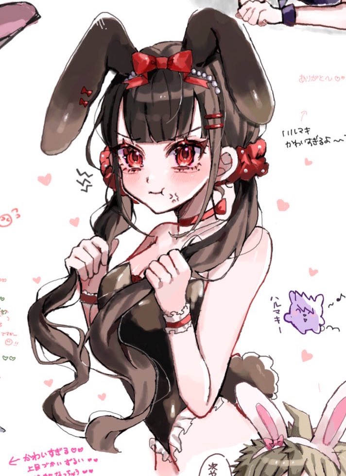1girl ahoge anger_vein animal_ears bare_shoulders blush bow breasts danganronpa_(series) danganronpa_v3:_killing_harmony hair_bow hair_ornament hair_scrunchie harukawa_maki leotard long_hair medium_breasts playboy_bunny rabbit_ears red_bow red_scrunchie scrunchie shiny_skin solo_focus twintails yuyu_(yuuyudayo1211)