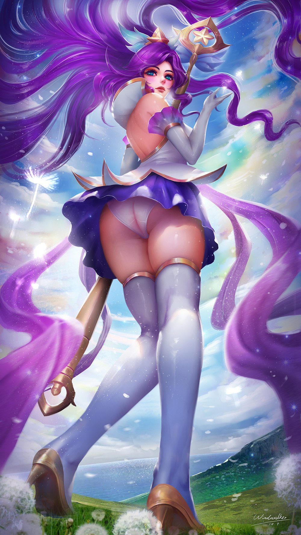 1girl artist_name ass bare_back blue_eyes blue_sky blush closed_mouth dated day elbow_gloves from_behind from_below gloves hair_ornament high_heels highres holding holding_staff janna_(league_of_legends) knees_together_feet_apart league_of_legends long_hair panties pleated_skirt purple_hair purple_skirt skirt sky staff standing star_guardian_(league_of_legends) star_guardian_janna thighhighs turewindwalker underwear white_gloves white_panties white_thighhighs