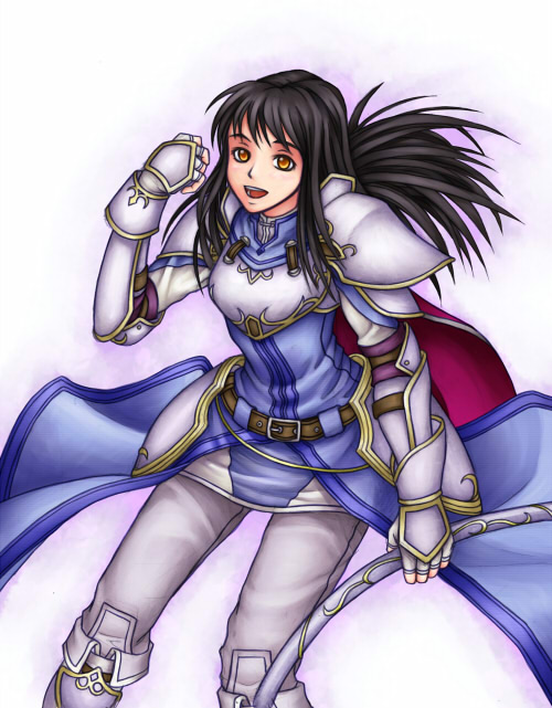 1girl :d arm_up armor astrid_(fire_emblem) black_hair bow_(weapon) breastplate cape clenched_hand fire_emblem fire_emblem:_radiant_dawn holding holding_bow_(weapon) holding_weapon long_hair looking_at_viewer nintendo open_mouth orange_eyes pants pauldrons purple_cape purutoppu_(toranohige) shoulder_armor smile weapon white_armor white_pants
