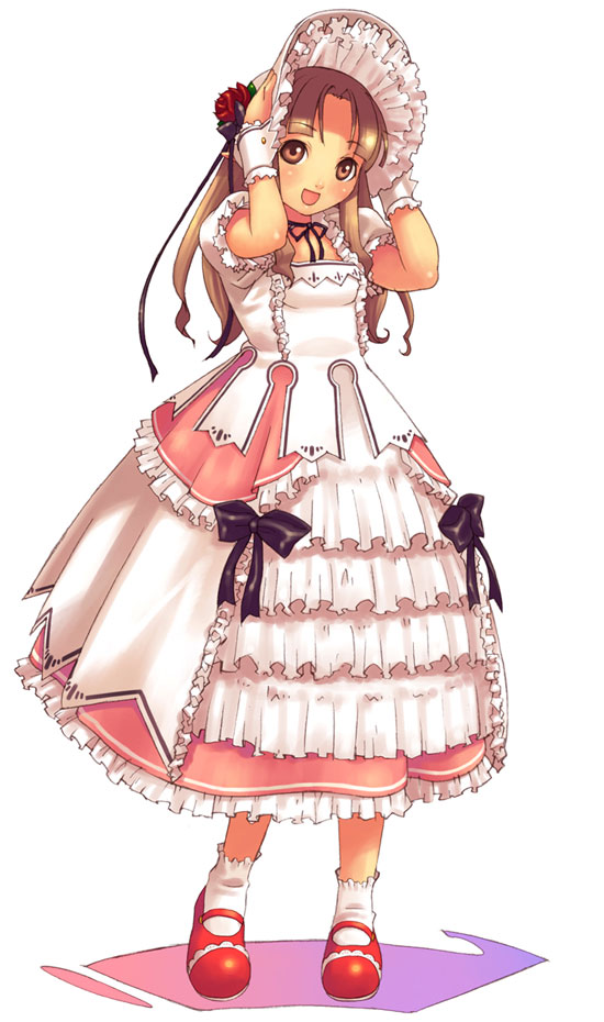 1girl bonnet brown_eyes brown_hair dress female_focus flower frills full_body hirano_katsuyuki long_hair mary_janes mine_(spectral_souls) official_art red_flower red_rose rose shoes smile solo spectral_(series) spectral_souls white_background wrist_cuffs