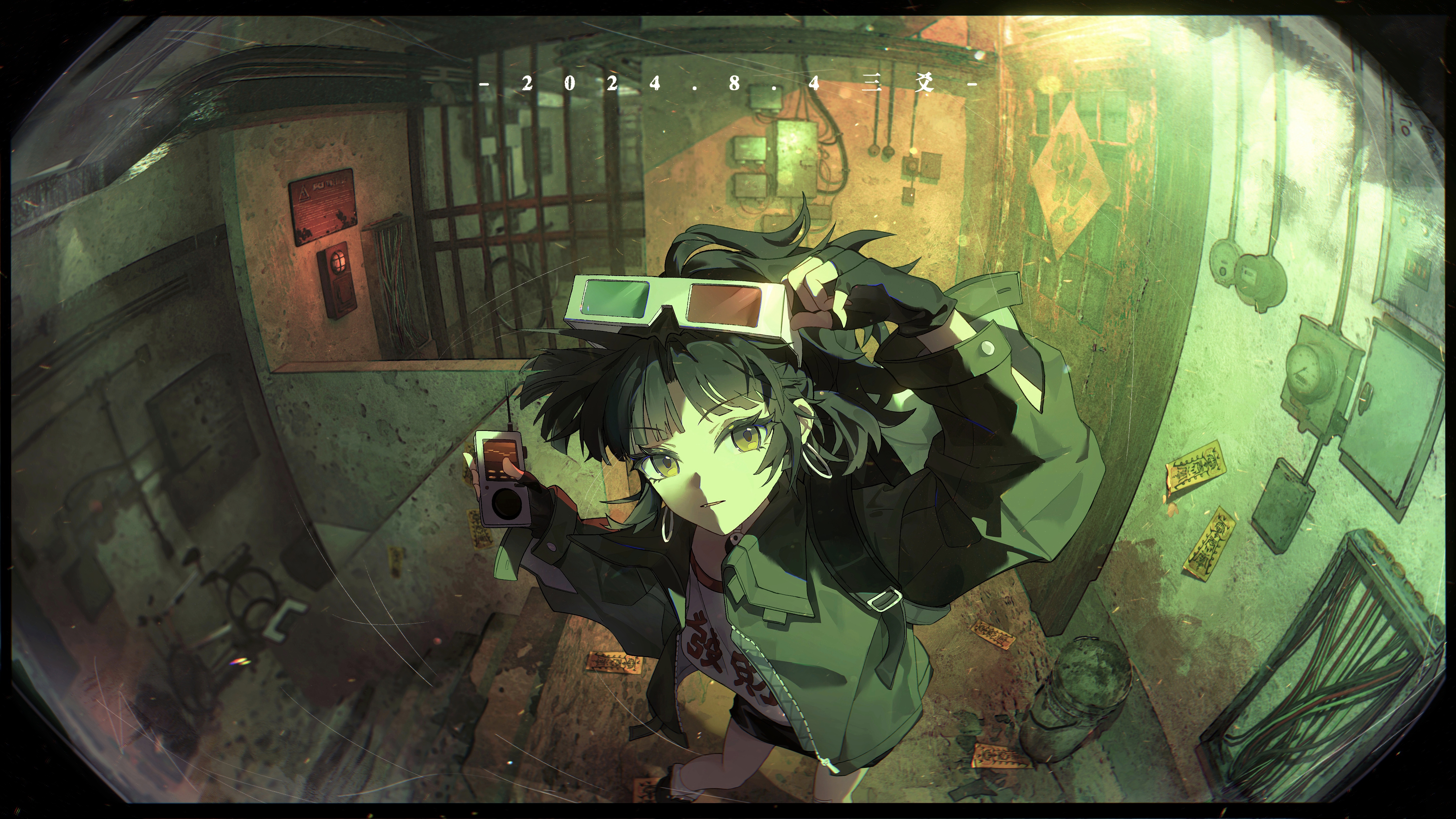 1girl 3d_glasses absurdres adjusting_eyewear an-an_lee backpack bag black_gloves black_hair black_skirt clothes_writing dao_fu device door doufang eyewear_on_head fingerless_gloves fisheye foot_out_of_frame from_above gloves good_fortune_symbol green_jacket green_theme hallway hand_on_eyewear highres holding indoors jacket long_hair looking_at_viewer ofuda ponytail reverse:1999 sanyao shirt skirt solo stairs standing white_shirt yellow_eyes