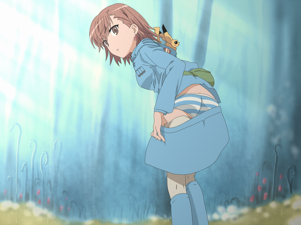 1980s_(style) 1girl belt_pouch brown_eyes brown_hair cosplay crossover dressing earrings gen_1_pokemon jewelry kaze_no_tani_no_nausicaa misaka_imouto misaka_imouto_10032 nausicaa nausicaa_(cosplay) nintendo oldschool outdoors panties pikachu pokemon pouch retro_artstyle shirosato striped_clothes striped_panties studio_ghibli teto_(nausicaa) toaru_kagaku_no_railgun toaru_majutsu_no_index toaru_majutsu_no_index:_old_testament underwear
