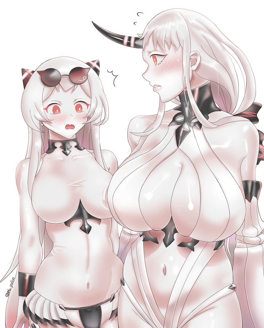 2girls abyssal_ship airfield_princess bikini black_bikini breast_envy breasts colored_skin horns huge_breasts kantai_collection large_breasts long_hair mismatched_bikini multiple_girls navel red_eyes seaport_princess seta_xu_hong single_horn slingshot_swimsuit swimsuit tankini very_long_hair white_bikini white_hair white_skin white_slingshot_swimsuit