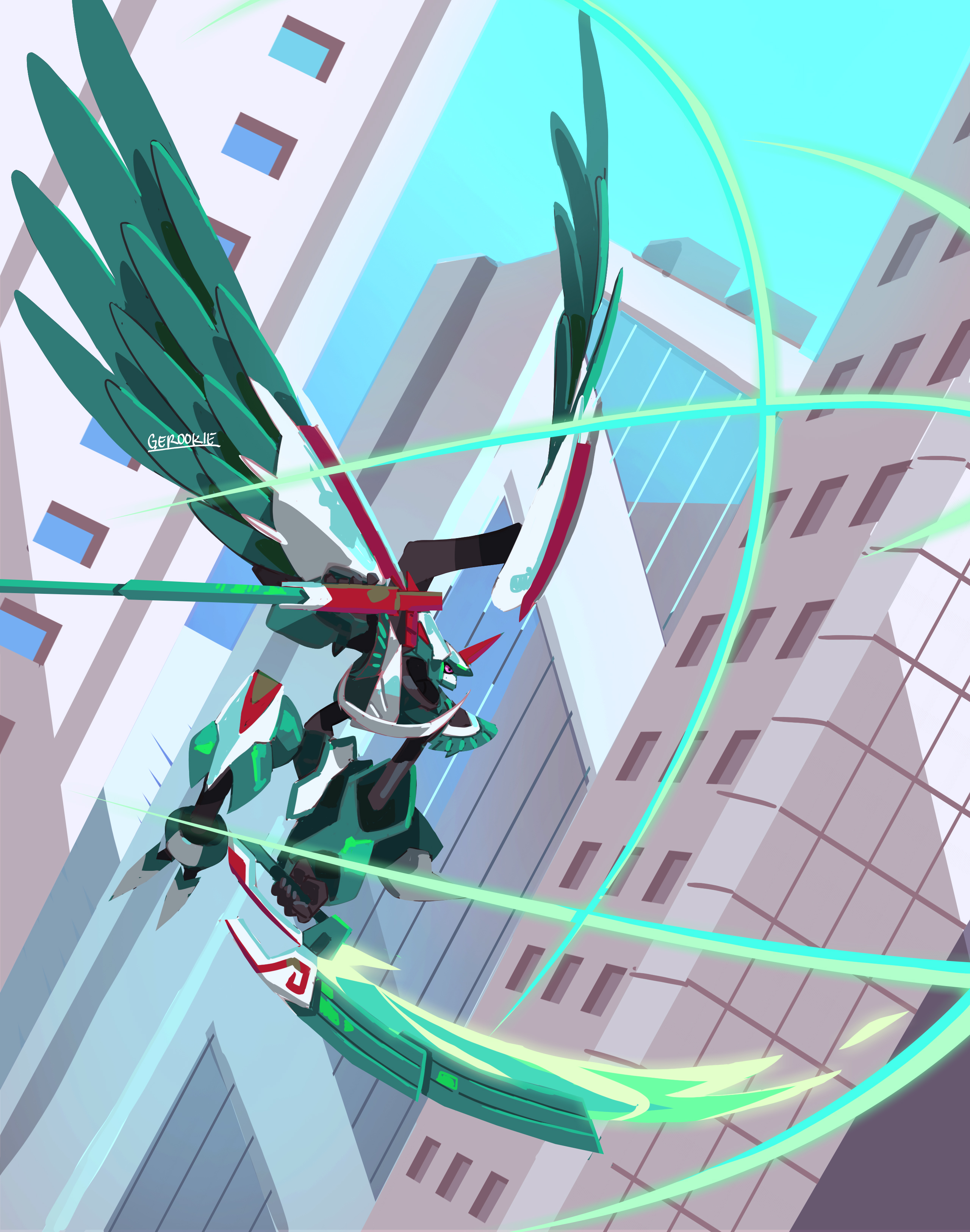 absurdres armor artist_name digimon digimon_(creature) digimon_card_game digimon_liberator dual_wielding feathered_wings gero_rivera green_armor green_wings highres holding holding_sword holding_weapon horns midair red_eyes single_horn slashing sword weapon wings zephagamon