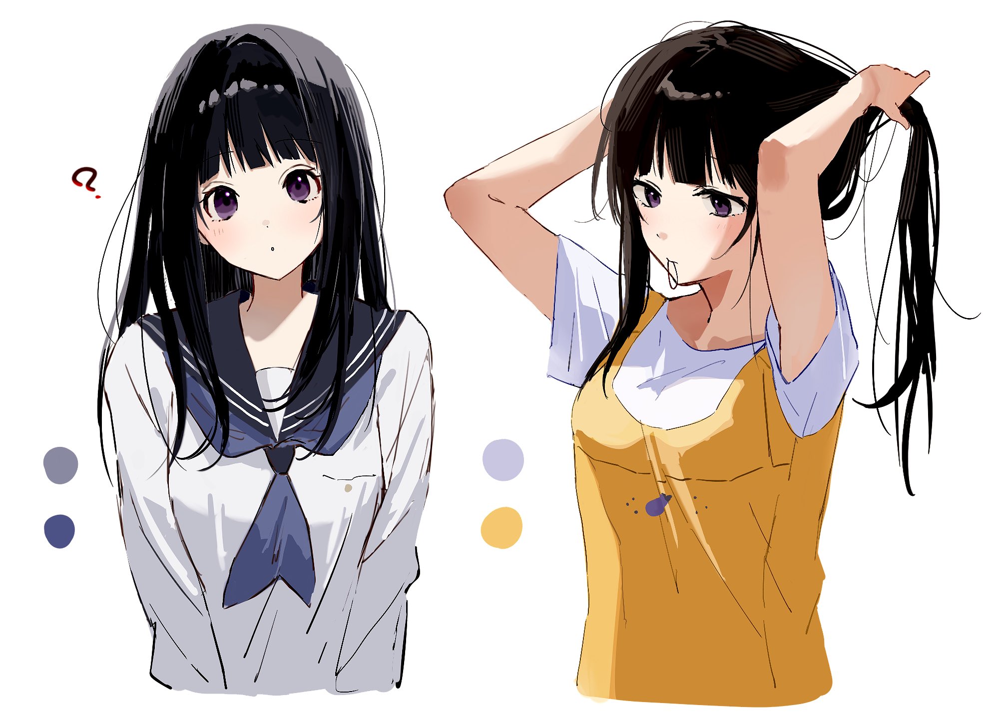 1girl ? adjusting_hair apron arms_behind_head arms_up black_hair blue_neckerchief blue_sailor_collar chitanda_eru color_guide hair_tie_in_mouth highres holding holding_own_hair hyouka long_hair looking_at_viewer mouth_hold multiple_views neckerchief purple_eyes sailor_collar school_uniform serafuku shirt simple_background tying_hair upper_body white_background white_shirt yellow_apron yuuhi_mari