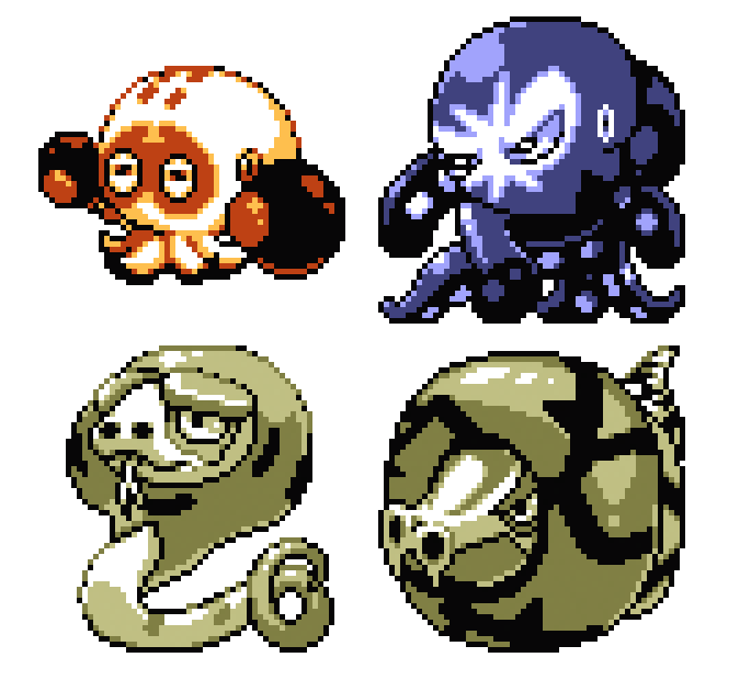 clobbopus commentary creature english_commentary evolutionary_line full_body gen_8_pokemon grapploct multiple_monochrome nintendo no_humans octopus pat_attackerman pixel_art pokemon pokemon_(creature) sandaconda silicobra simple_background snake sprite white_background