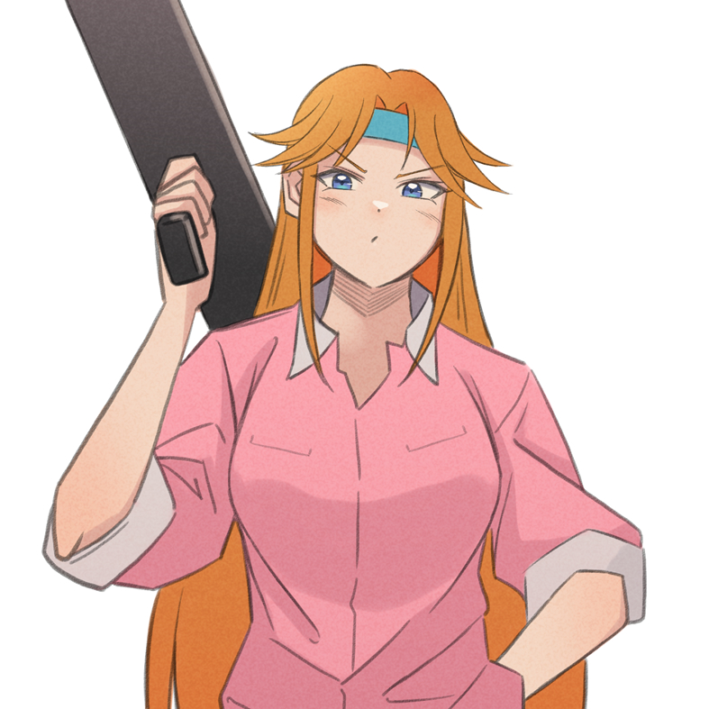 1girl blue_eyes blue_headband blue_seed commentary hand_on_own_hip headband jumpsuit konishiki_(52siki) long_hair orange_hair pink_jumpsuit sawaguchi_koume solo weapon