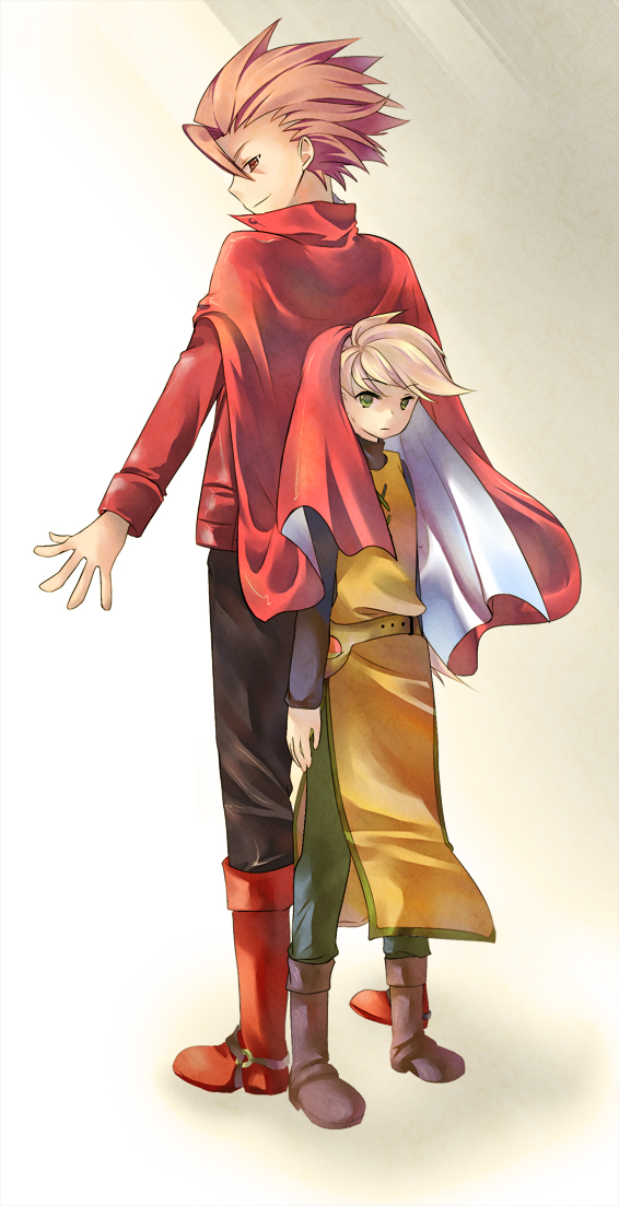 1boy 1girl blonde_hair boots brown_eyes cape green_eyes height_difference lance_(pokemon) nintendo poke_ball pokemon pokemon_adventures red_hair reverse_trap shared_cape shared_clothes tachiuo tachiuo_(arines) waist_poke_ball yellow_(pokemon)