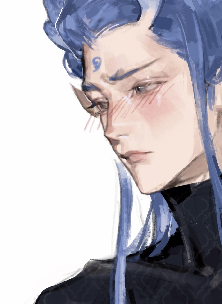 1boy ao_bing_(nezha_zhi_motong_jiangshi) bishounen black_shirt blue_eyes blue_hair blush chinese_commentary close-up closed_mouth commentary_request dragon_boy dragon_horns eastern_dragon_horns eyelashes facial_mark forehead_mark highres horns long_hair looking_to_the_side male_focus nezha_zhi_motong_jiangshi portrait shirt simple_background solo turtleneck white_background xinjinjumin8578221
