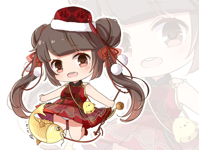 1girl animal_bag bag bare_legs beads bell bird blunt_bangs bow brown_eyes brown_hair brown_ribbon character_request chibi chick chinese_clothes chinese_commentary collared_dress commentary_request dated double_bun dress eyelashes fur-trimmed_headwear fur_trim hair_beads hair_bow hair_bun hair_ornament hair_ribbon happy hat hat_tassel holding jumping kexi_shi_ge_hentai koi light_blush long_hair looking_at_viewer mary_janes medium_dress miracle_nikki nikki_(series) object_request open_mouth outline panties pantyshot pom_pom_(clothes) pom_pom_hair_ornament red_bow red_dress red_hat red_ribbon red_shoes ribbon see-through_bow shoes shoulder_bag signature sleeveless sleeveless_dress smile solo teeth twintails underwear upper_teeth_only upskirt very_long_hair waist_ribbon white_background white_outline white_panties zoom_layer