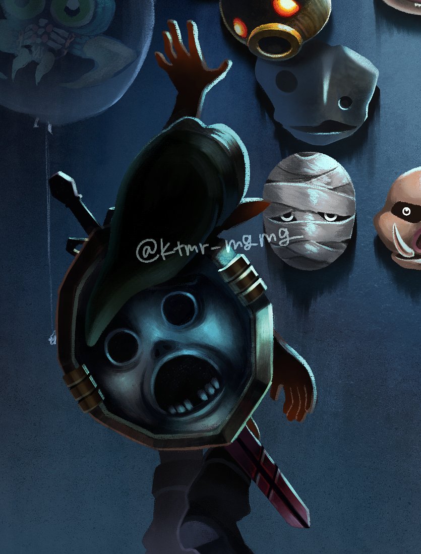 1boy blue_background boots deku_mask from_behind gibdo_mask gilded_sword_(majora&#039;s_mask) hat ktmr_mgmg link mask mask_of_scents mirror_shield nintendo outstretched_arm pointy_ears shield shield_on_back solo stone_mask sword the_legend_of_zelda the_legend_of_zelda:_majora&#039;s_mask twinmold unworn_mask weapon