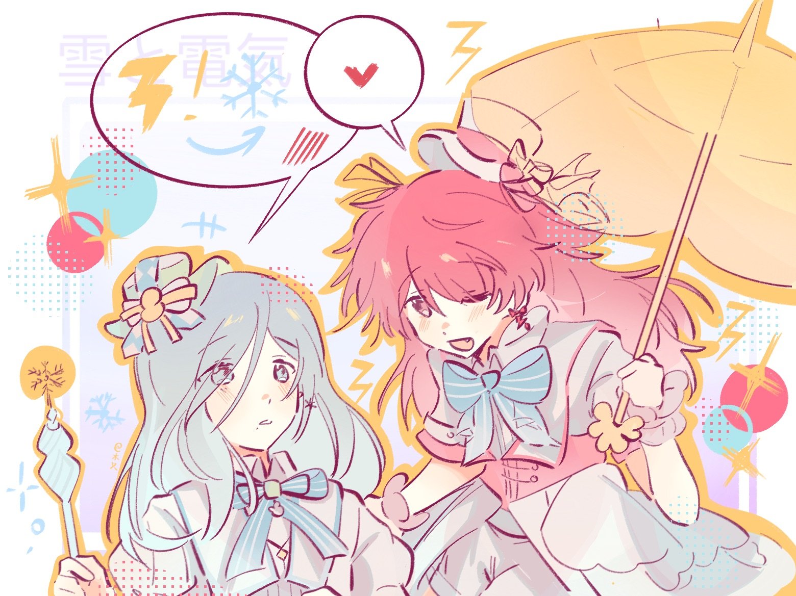 2girls ;d blue_bow blue_bowtie blue_hair blue_ribbon blush bow bow_earrings bowtie commentary_request earrings fang hair_between_eyes heart hinomori_shizuku holding holding_umbrella jewelry lightning_bolt_symbol long_hair long_hair_between_eyes looking_at_another mole mole_under_mouth momoi_airi multiple_girls neck_ribbon one_eye_closed open_mouth parasol pinstripe_bowtie pinstripe_ribbon project_sekai red_hair ribbon shorts smile snowflakes spoken_heart spoken_symbol translation_request two_side_up umbrella white_shorts woodonly
