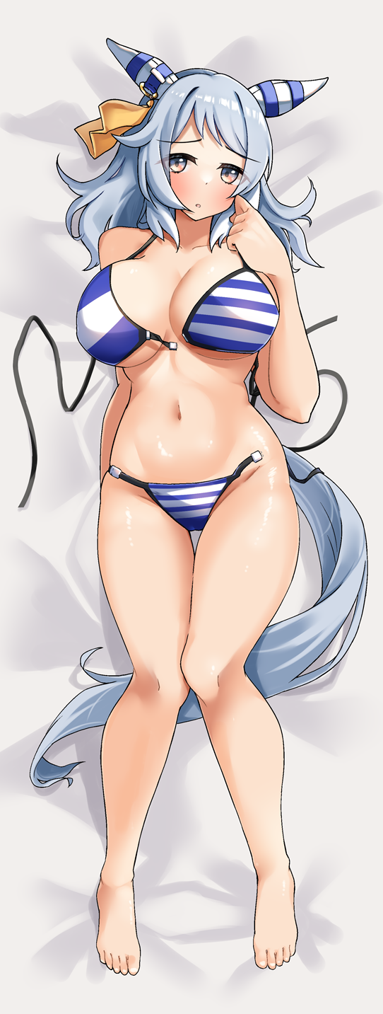 1girl animal_ears bikini blush bow breasts brown_eyes ear_covers ear_ornament ear_ribbon grey_eyes grey_hair highres hishi_miracle_(umamusume) horse_ears horse_girl horse_tail komb large_breasts looking_at_viewer lying medium_hair multicolored_eyes navel on_back open_mouth solo striped_bikini striped_clothes swimsuit tail two-tone_eyes umamusume untied_bikini