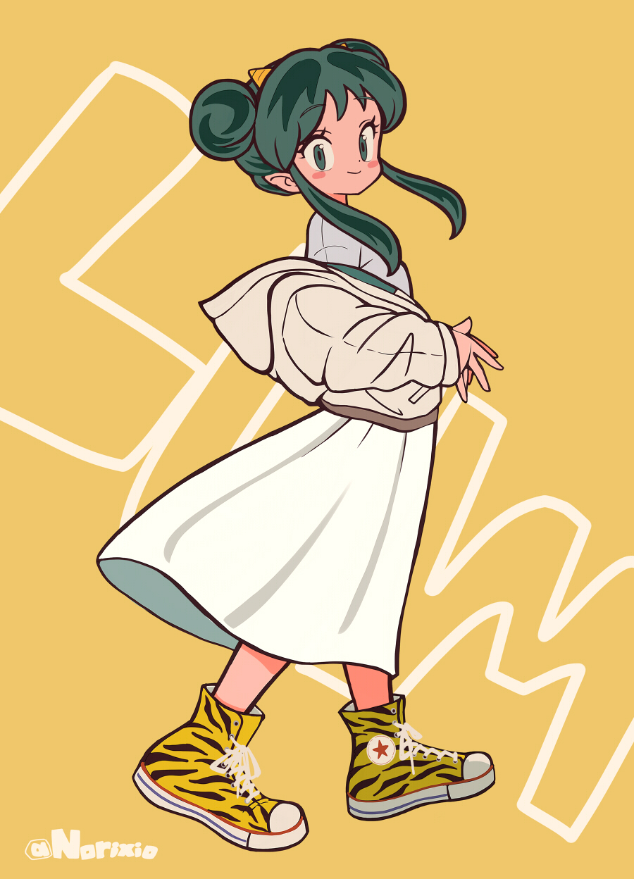 1girl animal_print blush character_name double_bun full_body green_eyes green_hair grey_shirt hair_bun highres horns jacket jacket_partially_removed long_skirt looking_at_viewer lum norixio own_hands_together pointy_ears print_footwear shirt shoes sidelocks skirt smile sneakers solo tiger_print twitter_username urusei_yatsura white_skirt yellow_background yellow_shoes
