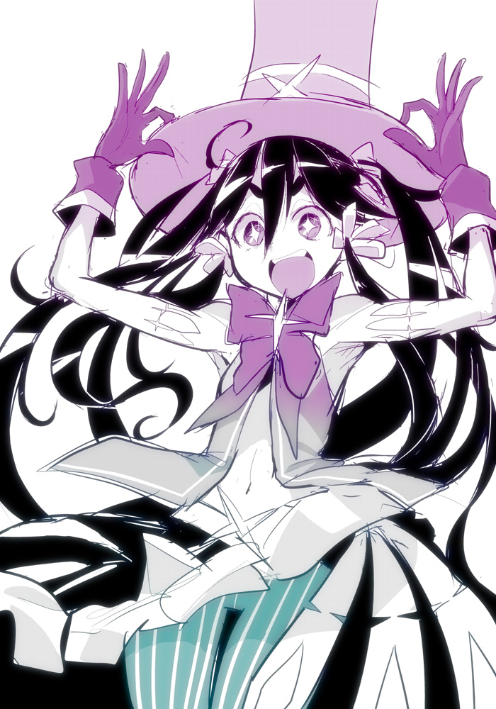 1girl :d arms_up bow bowtie cowboy_shot gloves hair_between_eyes hands_on_headwear hat ken_(koala) long_hair looking_at_viewer magia_record:_mahou_shoujo_madoka_magica_gaiden magical_girl mahou_shoujo_madoka_magica mariko_ayaka open_mouth pants partially_colored simple_background smile solo striped_clothes striped_pants thick_eyebrows top_hat twintails v-shaped_eyebrows vertical-striped_clothes vertical-striped_pants very_long_hair white_background