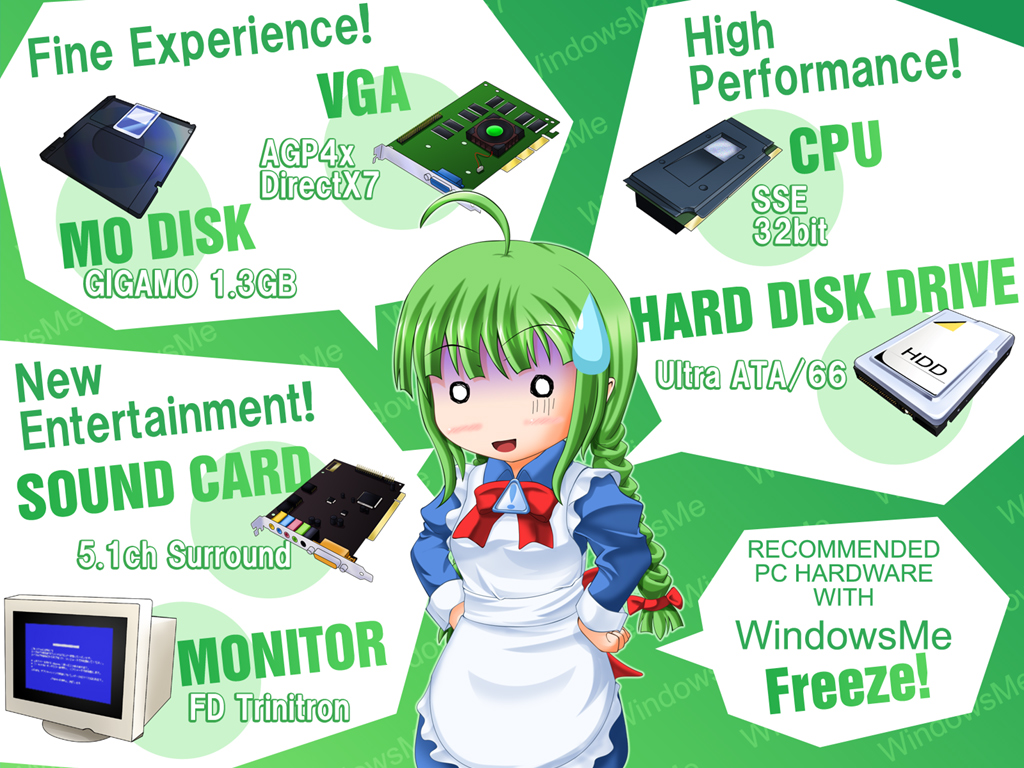 1girl ahoge blue_screen_of_death braid cpu crt disk english_text female_focus graphics_card green_hair hard_drive long_hair me-tan microsoft_windows monitor o_o os-tan pale_skin parody shimoogawa solo sound_card sweatdrop text_focus twin_braids windows_classic windows_me