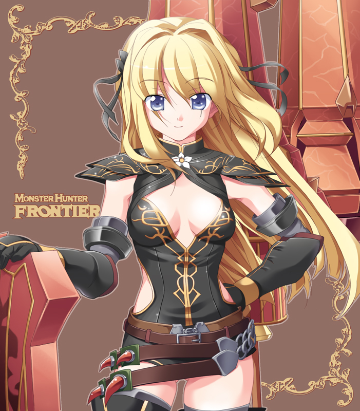1girl armor belt belt_skirt black_gloves black_thighhighs blonde_hair blue_eyes breasts capcom cleavage cleavage_cutout clothing_cutout espinas female_focus flower geisya gloves hair_intakes hair_ribbon hand_on_own_hip horns large_breasts leotard long_hair looking_at_viewer midriff monster_hunter_(series) monster_hunter_frontier no_bra noir_(armor) ribbon side_slit smile solo standing thighhighs turtleneck zettai_ryouiki