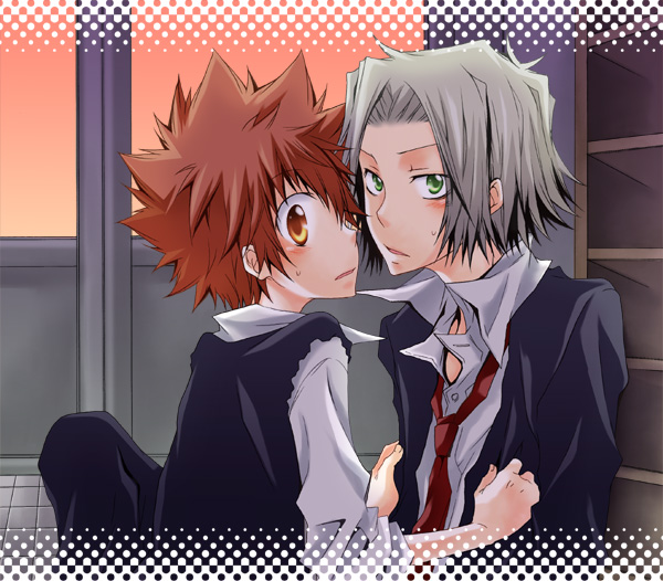 2boys blush brown_eyes brown_hair gokudera gokudera_hayato green_eyes katekyo_hitman_reborn! kiss kubyou_azami male_focus mononoke_hobaku_butai multiple_boys necktie sawada_tsunayoshi school school_uniform short_hair silver_hair spiked_hair surprised sweat tsuna yaoi