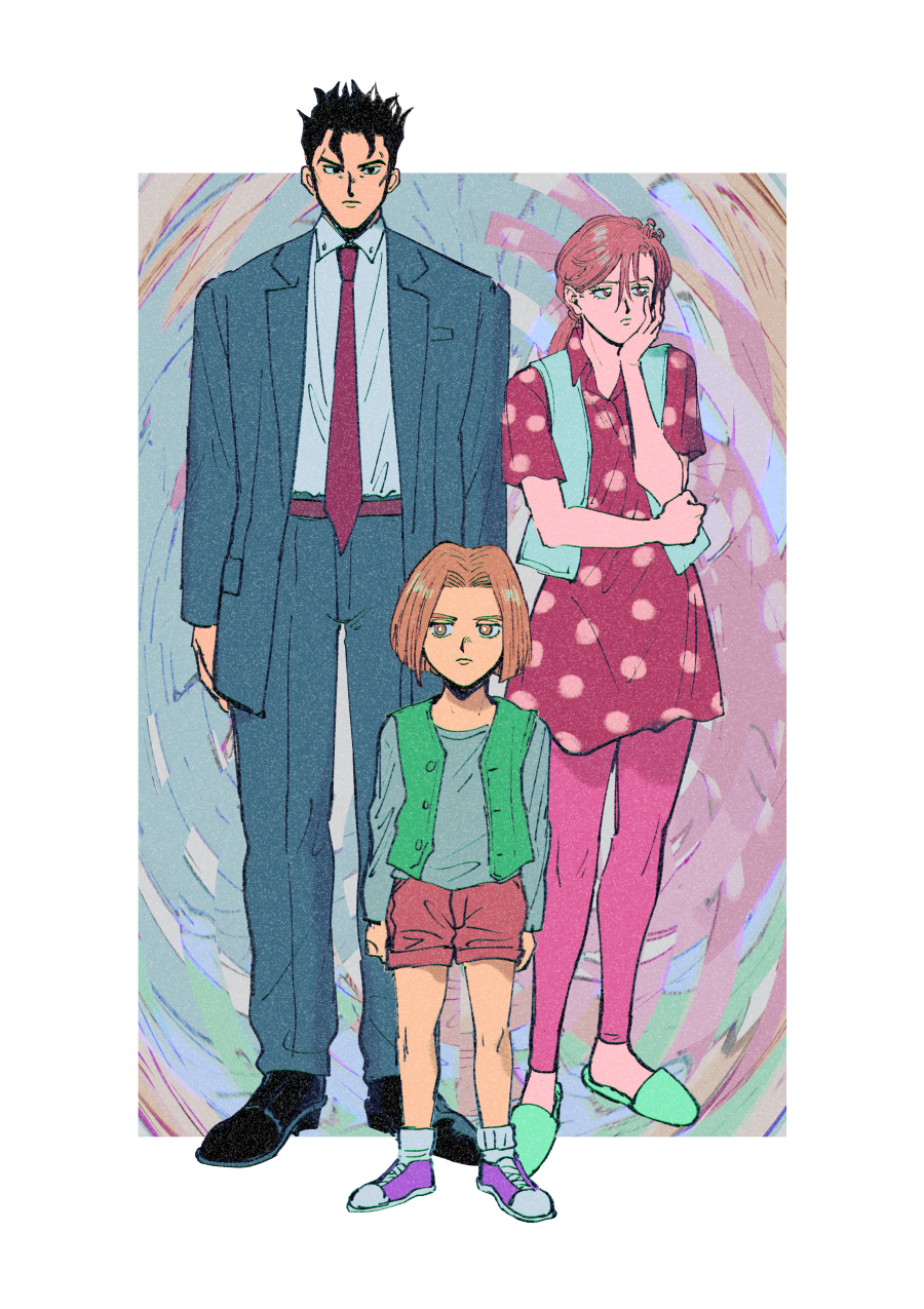 1girl 2boys black_hair border commentary diamond_wa_kudakenai dress formal_clothes highres jojo_no_kimyou_na_bouken kawajiri_hayato kawajiri_kosaku kawajiri_shinobu kira_yoshikage multiple_boys necktie oniyama831 polka_dot polka_dot_dress ponytail shorts slippers white_border